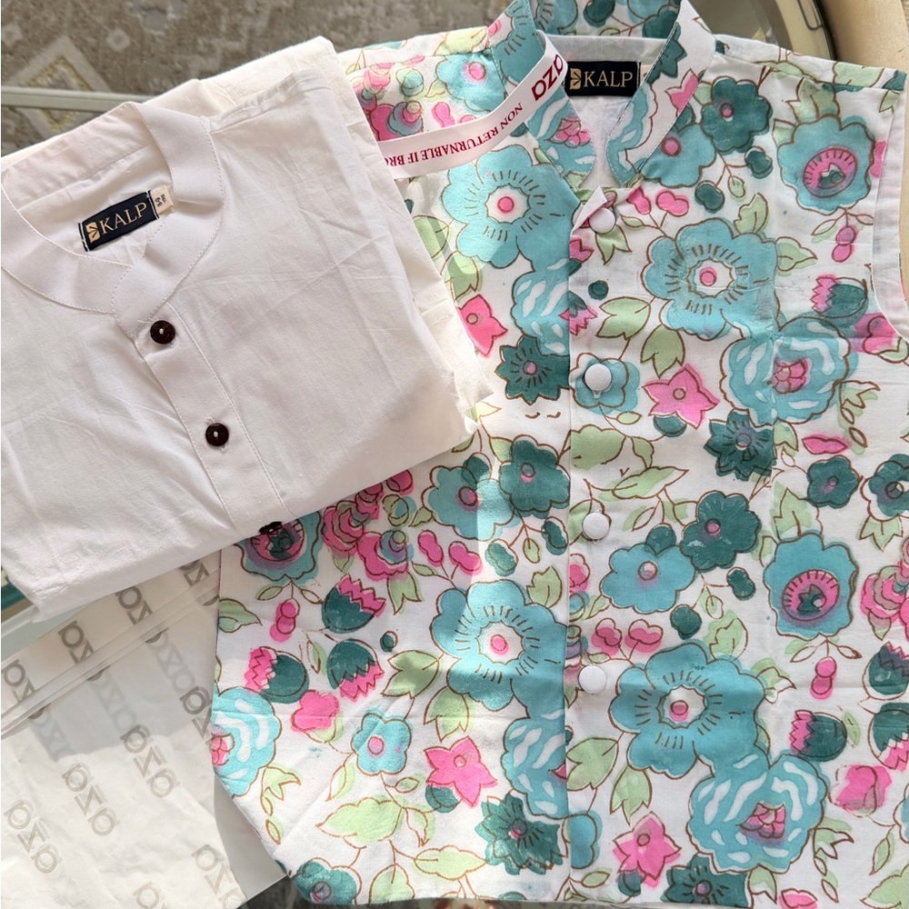 Boys kurta Kids Floral Shirt Set - White and Multicolor
